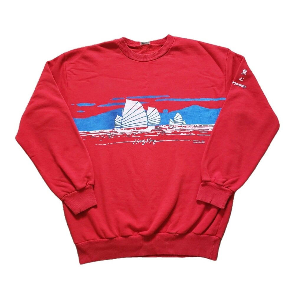 Vintage 90s Dim Sum Hong Kong Wrap Around Print Sz XL Mens Red Sweatshirt Ships